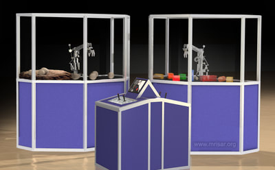 MRISAR’s interactive 3 Finger, base mounted, Robot Arm exhibit. We sell them as kits, or as a complete exhibit, in our standard cases or in a custom case. We have been making exhibit robotics since 1991.