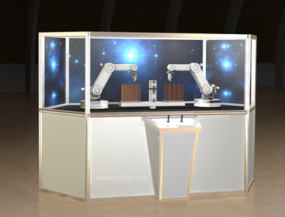 Simulator Space Robotics. MRISAR's Simulator Space Dual Robotic Arms Work Station. This exhibit relates to STEM education. Line of Sight Side.