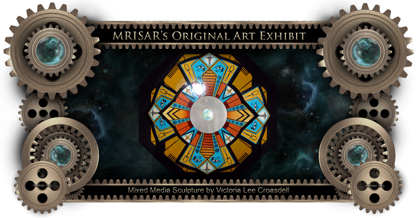 Egyptian Power Mandala; This is an Original Abstract Mixed Media Wall Hanging Sculpture by Victoria Lee Croasdell, an awarded, published and exhibited; multi-disciplined artist, photographer, writer, poet and engineer. She is also a member of MRISAR's R&D Team. She is the primary designer of all MRISAR graphic headers, exhibit display borders (like the one above), exhibition graphic panels and graphic design details on our robotic and science exhibits.   This art piece is based on ancient Egyptian power symbols. It is several layers deep and is made of a combination of aluminum, hand cut M.D.O. pieces, cast acrylic and hand painted with acrylic designs. Original size 30
