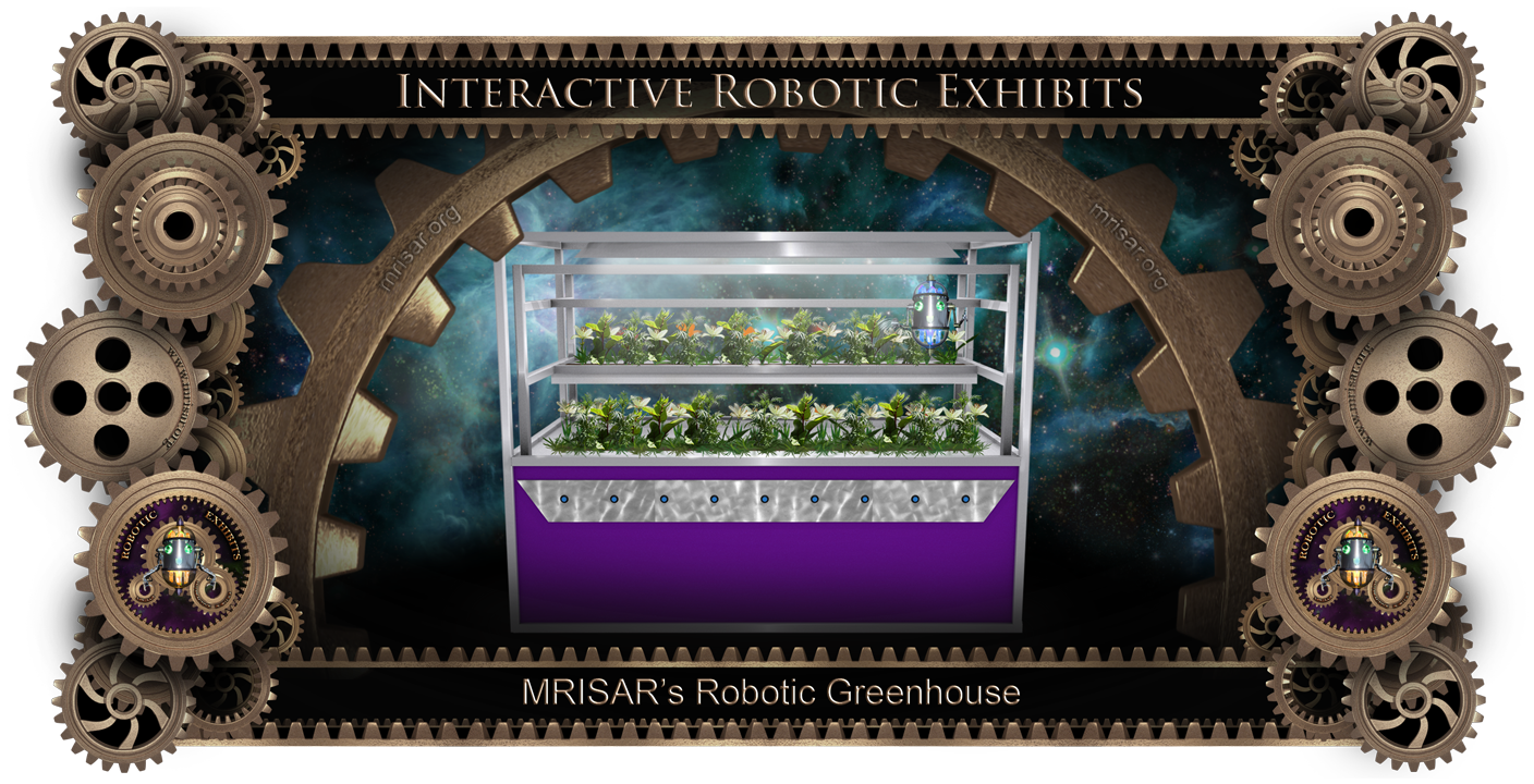 Robotic Greenhouse. MRISAR's Robotic Greenhouse Exhibit; A miniature Chibi-chan robot checks and maintains a real indoor greenhouse environment. This exhibit is a fun representation of possible uses for robotics in agriculture applications for space. Between occasional watering the robot also moves along a rail system to inspect the plants. The enclosure is made of light-weight aluminum framing and clear durable polycarbonate. Color portions are laminated ply and have several color options.  The buttons trigger comments by Chibi-chan about what she is doing and details about some robotic applications.  Rail guided Chibi-chan the Robot Gardner is like an animated art sculpture in the sense that the domed crystals change color, enhancing its appearance and providing an otherworldly, futuristic feel. The robot’s main sections are transparent, affording an interesting and festive view into the interior, which is decoratively fortified with numerous bright light emitting diodes, which grace the printed circuit boards within.
