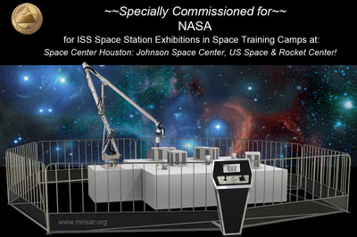Simulator Space Robotics for NASA. This is a MRISAR Simulator of the ISS Space Station Robot Arm. It is 17.5 ft. MRISAR designed and produces this for NASA Space Training Camps and for sale as Simulator Exhibits to Science Centers and Museums. It is a dexterous robotic manipulator arm operated via telepresence and line of sight operation. It was specially commissioned for NASA’s ISS Space Station Exhibitions in Space Training Camps.

This arm is so gentle it can touch a raw egg without breaking it (as seen in above video)!. It is a highly educational and visually stunning exhibit designed to illustrate remote handling applications for robotics which are used by industry, aerospace and commercial establishments to extend human capabilities in hazardous situations. The exhibit features an arm mounted color camera with pan and tilt and a miniature video monitor placed at the controls. The control panel also features a message repeater to further convey educational content.

The exhibit is view-able from all sides making it an ideal mid-floor device. The arm has pressure sensitive and end of travel limits and support logic, that can adapt instantly to any arrangement of objects in its path. The arm is usable by any age range of visitor. This exhibit relates to STEM education.