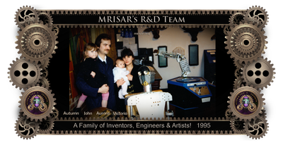 MRISAR's R&D Family Team Members; Aurora Siegel, Autumn Siegel, John Siegel and Victoria Lee Croasdell. 1995. The team is shown here in the first free admission science, art and robotics center that they opened and maintained with their own money. They also created every exhibit for the center. Autumn and Aurora began their apprenticeship in art, robotics and the sciences here.