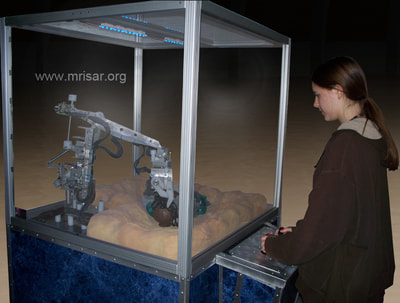 MRISAR’s interactive 3 Finger, base mounted, Robot Arm exhibit. We sell them as kits, or as a complete exhibit, in our standard cases or in a custom case. We have been making exhibit robotics since 1991. Seen here with MRISAR Team member Autumn Siegel.